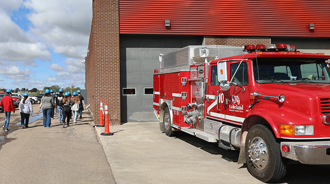 Fire truck outside one of the bays of the Emergency Training Centre.