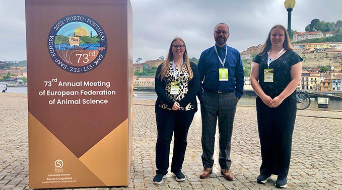 Courtney Wallace, classmate Ashley Halvorson and Dr. Yuri Montanholi at the European Federation of Animal Science 2022 conference in Porto, Portugal.