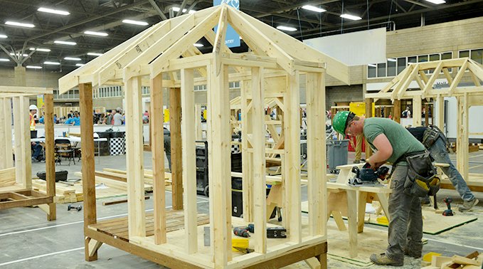 Tyler Bendfeld, a third-year Lakeland College carpenter apprentice, competes at Skills Canada Alberta Competition