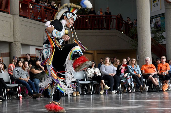 Wade Whitstone performs a Grass dance during a powwow at Lakeland College.