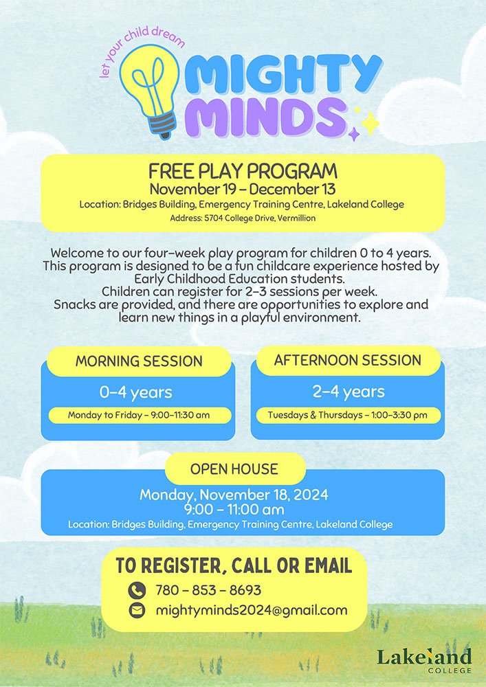A poster of the Mighty Minds free play program.