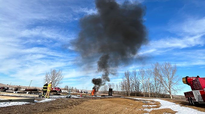 A stream of smoke puffs up into the air during a project demonstration at the Emergency Training Centre site at Lakeland College