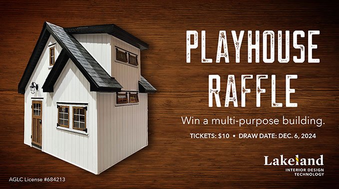 Playhouse Raffle graphic featuring the playhouse design by interior design students