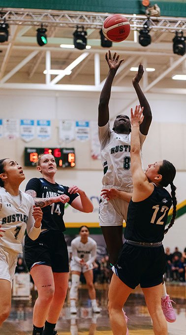 Lakeland Rustlers women's basketball player #8 shoots the ball.