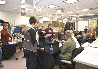 students at first animal health job fair talk to exhibitors
