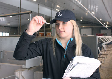 Jodie Stoker, dairy SMF unit genetics manager, examines a tissue sample that will be processed through Elevate to determine a calf’s genetic ranking
