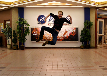 Justin Marmulak's jumping for joy outside the Vic Juba Theatre at the Lloydminster campus.