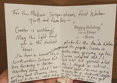 A holidays card written to Indigenous youth