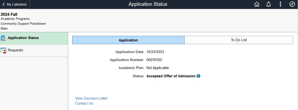 application status screen