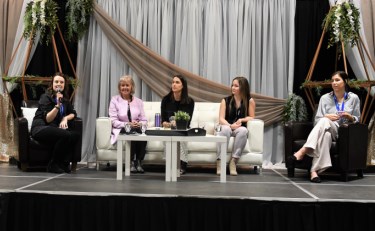 Heather Healey (left) and Shelby Becker (right) emcee the panel discussion