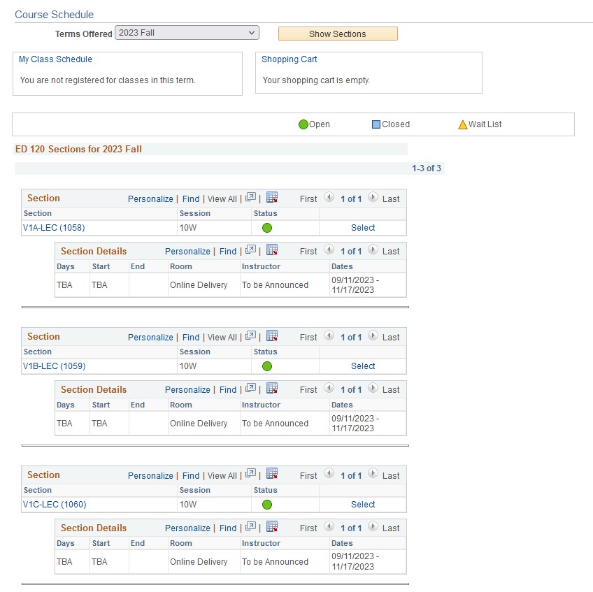 Select class sections screen