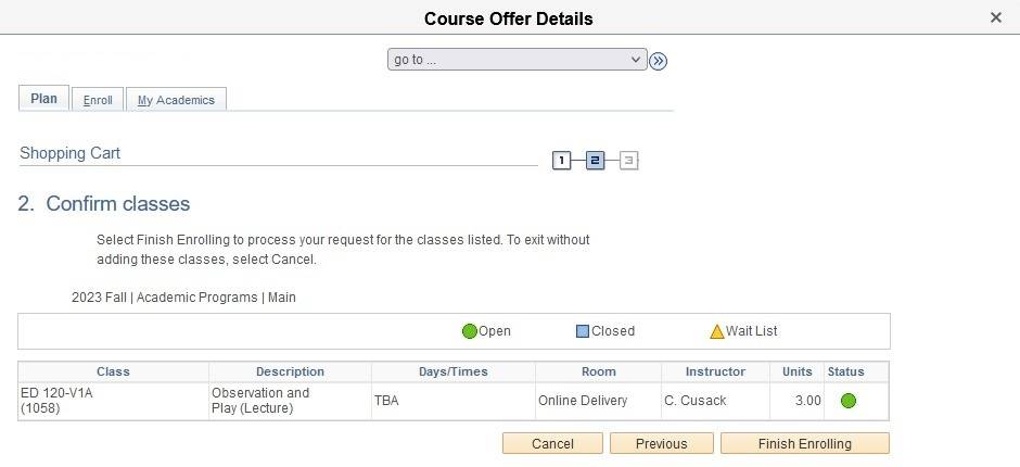 Confirm classes screen