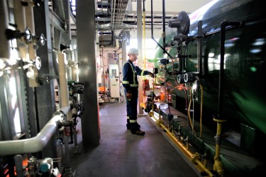 Jenna Hnetka and Graham Ruzesky, second-year HOPE students, complete a variety of tasks as student operators during their weekend shifts at Lakeland's Energy Centre.