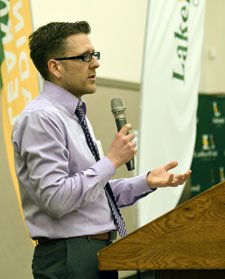 Garrett Hawgood speaking at Donor Appreciation event at Lakeland College