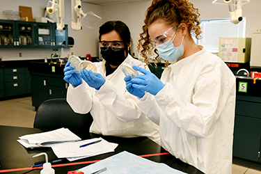 Lakeland College univsersity transfer students wearing face coverings during a lab.