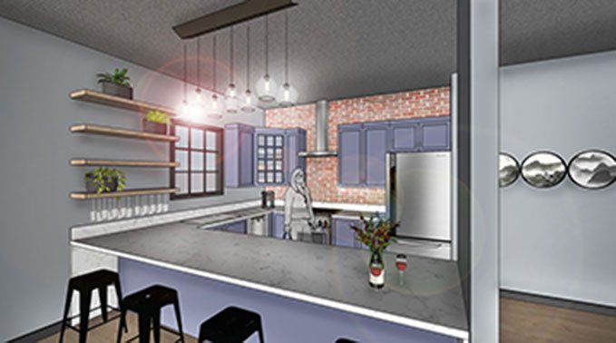 A rendering of Jordan Moroz's kitchen design.
