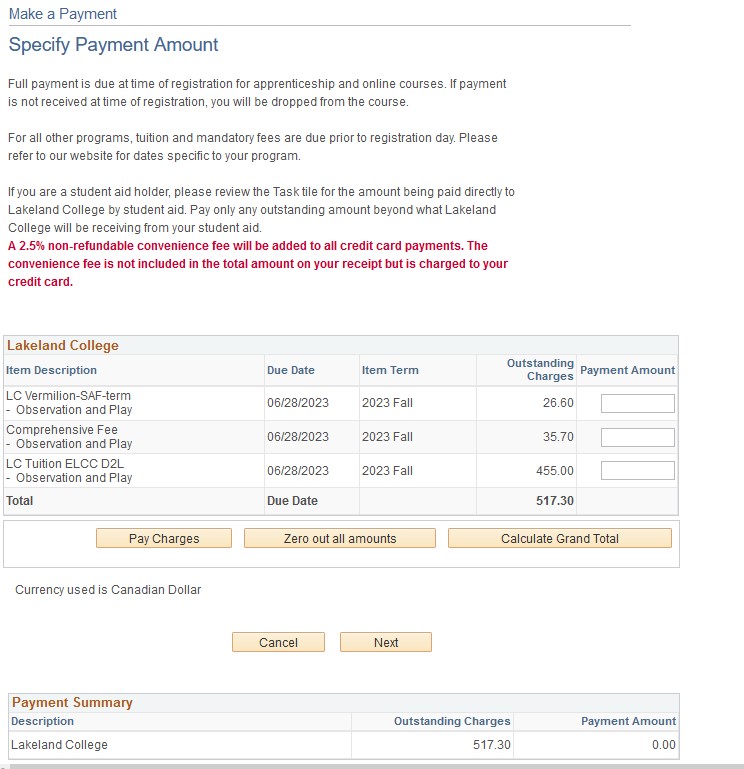 Make a payment screen