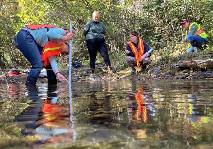 students monitoring water at a creek
