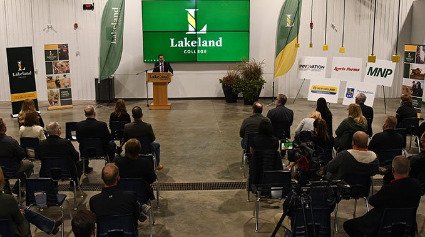 Minister of Advanced Education Demetrios Nicolaides speaks at the opening for Lakeland College's Agriculture Technology Centre.