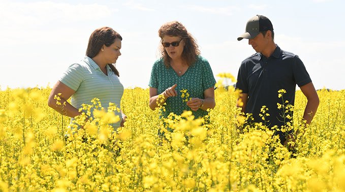Josie Van Lent, Lakeland College's dean of agricultural sciences, speaks with students in a canola field.