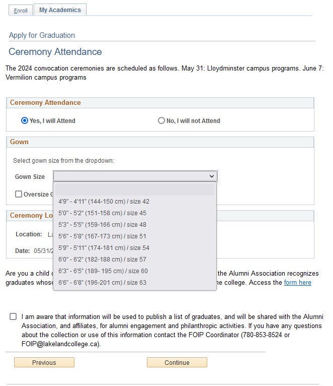 select gown size screen