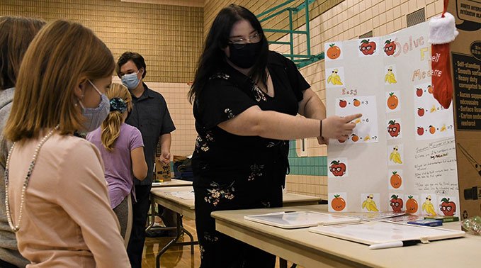 Grade 3 students try Jessica Heidel's fruity math game.