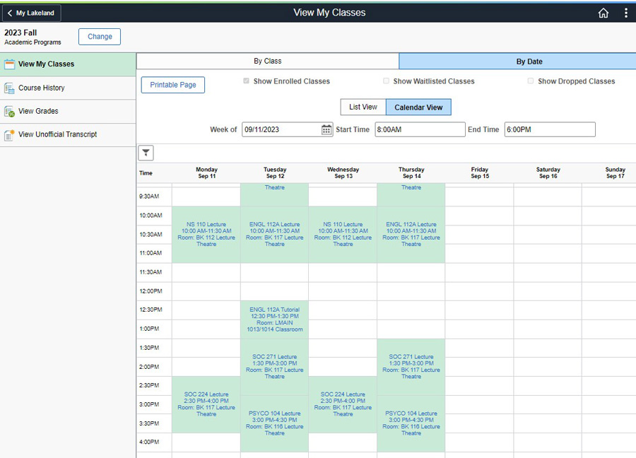Calendar view classes screen