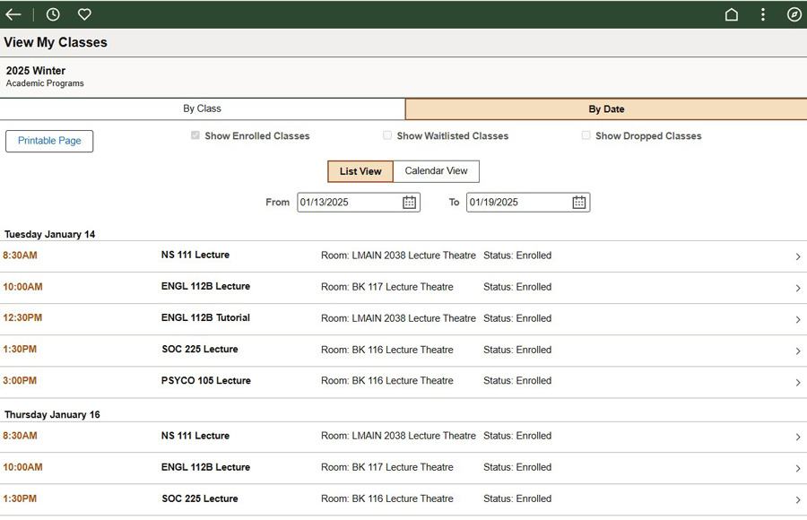 view my classes by date screen shot