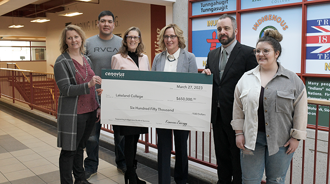 Representatives from Cenovus Energy presented Lakeland College with a donation of $650,000 to support Indigenous students at Lakeland. Left to right are Patty Hill, director of the Cenovus Lloydminster Asphalt Refinery, Jon Albert, power engineering student and member of Lakeland's Indigenous Council, Dr. Alice Wainwright-Stewart, president and CEO of Lakeland College, Doreen Cole, Cenovus Senior Vice-President, Downstream Manufacturing, Adam Waterman, chair of the Lakeland College Board of Governors, Brooklyn Gray, business administration student and member of Lakeland's Indigenous Council