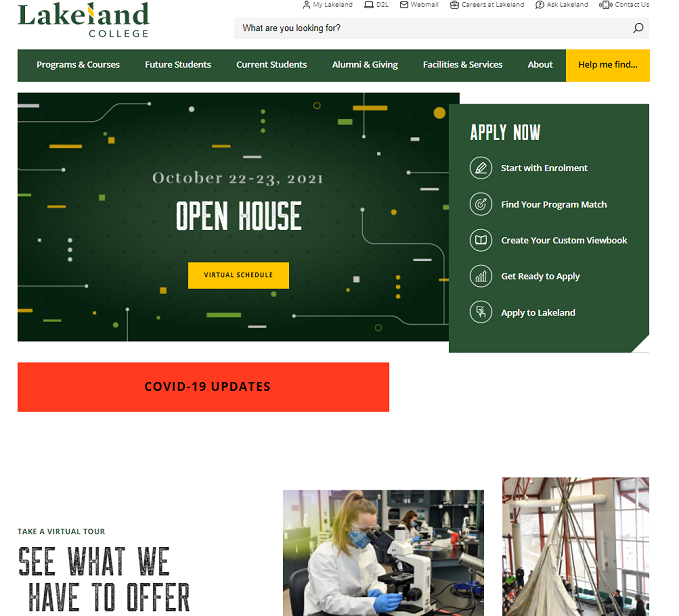 Screen shot of Lakeland College's new homepage.