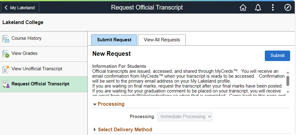 official transcript request desktop screenshot